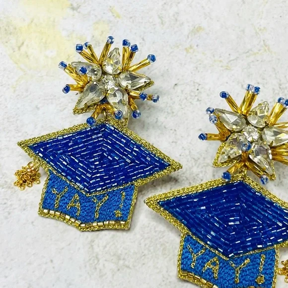 Royal Blue & Gold Graduation Graduate Earrings - Picture 3 of 6
